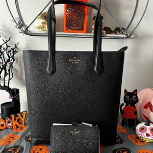 EXCELLENT GRADUATION GIFT!! Kate Spade Glitter Black Tote and Wallet Set